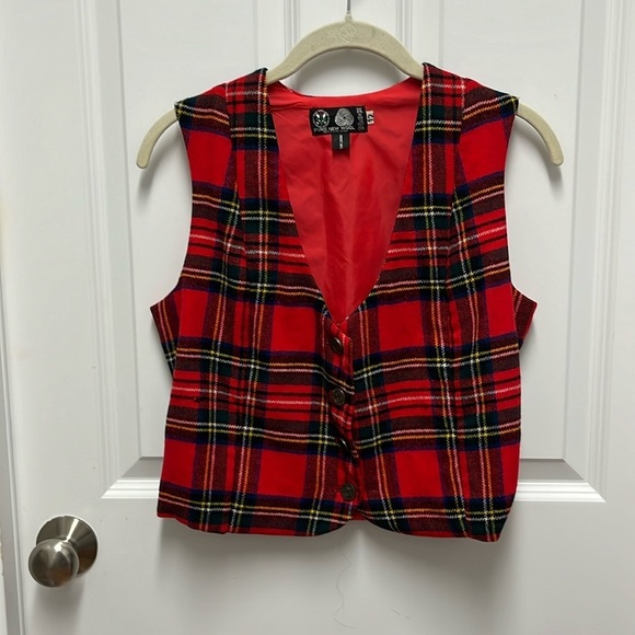 Red Plaid Sleeveless‎ Wool Vest with Gold Buttons - size 12 - Picture 1 of 7